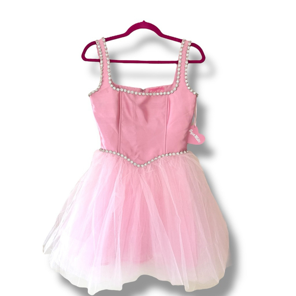 Sugar Thrillz Pretty Polished Pirouette Pink Silver Rhinestone Tulle Mini Dress - Picture 1 of 6